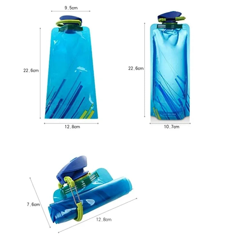 Foldable Water Bottles Flexible Reusable Travel Water Bottle Plastic Water Pouch Soft Flask Water Bag With Carabiner Clip.
