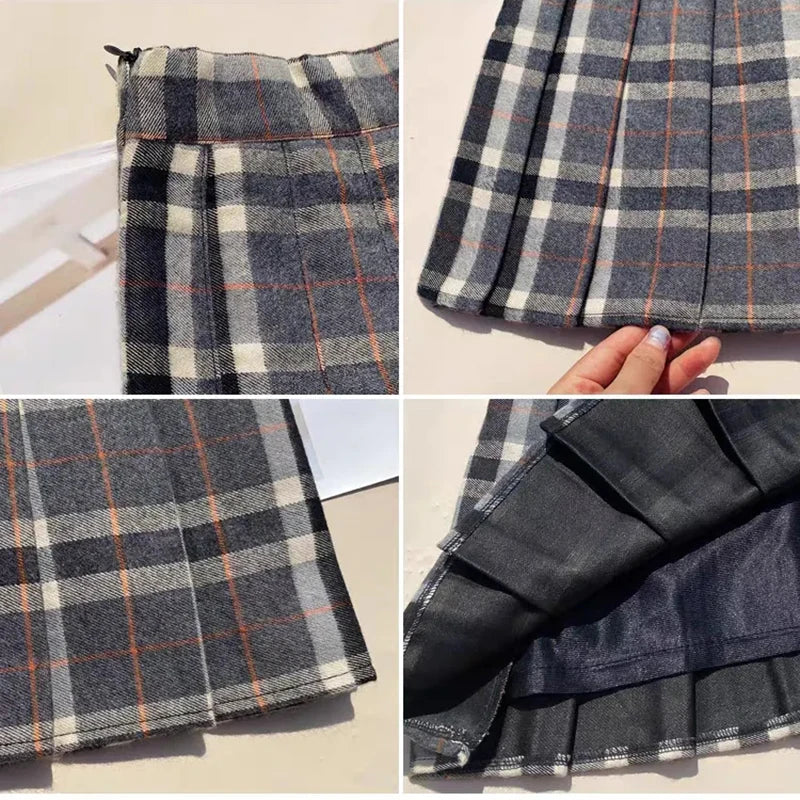Plaid Woolen Pleated Skirts for Women Fall Winter High Waist Preppy Warm Mini Skirts Lady Fashion Korean All-Match A Line Skirts.