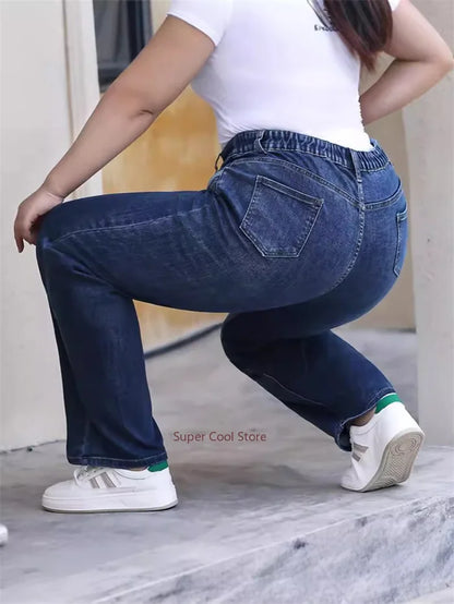 Plus Size Women Jeans 6XL Loose High Waisted Stretched 5XL Plus Size Female Denim Trousers Blue Girl Long Classic Straight Pants
