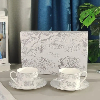 Red, Blue, Gray Tiger Series  Animal Images Bone Porcelain Coffee Cup Plate European Afternoon Tea Cup and Saucer Set Gift Box.