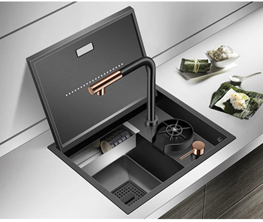 ASRAS Hidden Bar Island kitchen Sink Nanometer SUS 304 Flip Cover Hidden Handmade Small Size kitchen Sinks With Cup Rinser