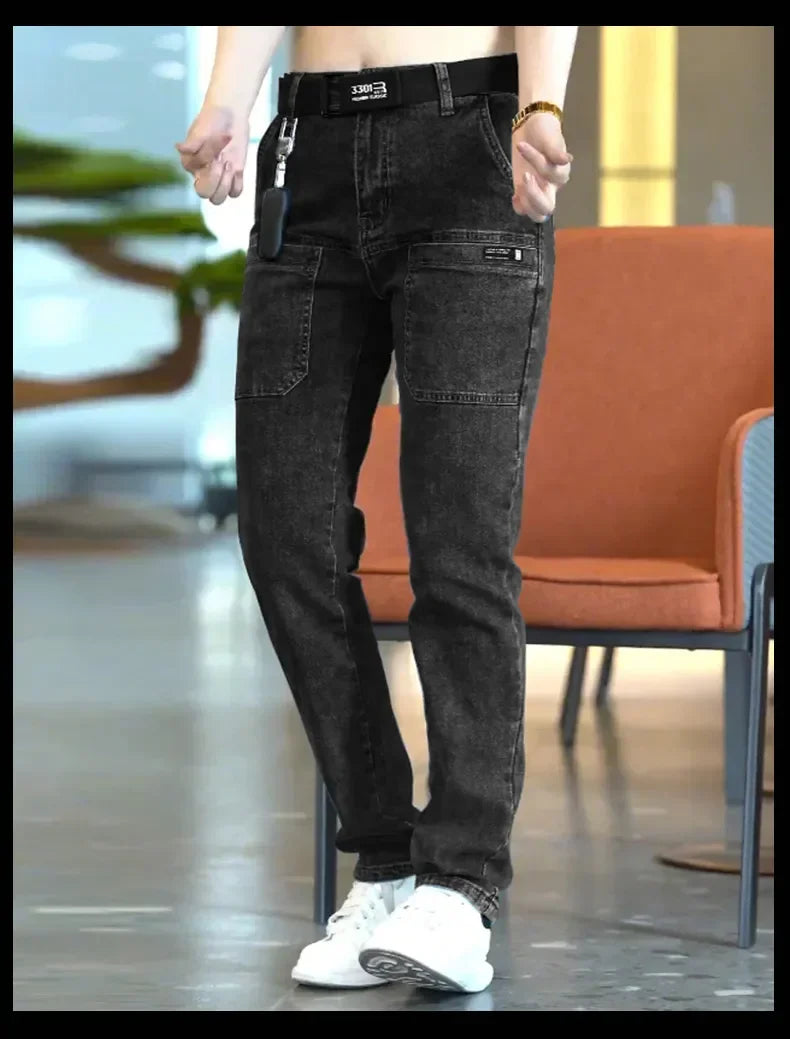 Men Cargo Pants Slim Stretch Jeans Multi Pocket Fashion Streetwear Designer Skinny Male Denim Trousers Brand Clothes Blue Black.