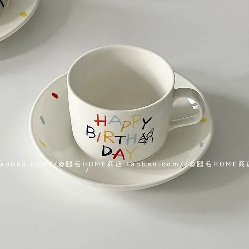 Korean Plate Designer Cute Happy Birthday Tableware Ceramic Coffee Cup Plate Dessert Cake Plate Cup Creative Birthday Gift