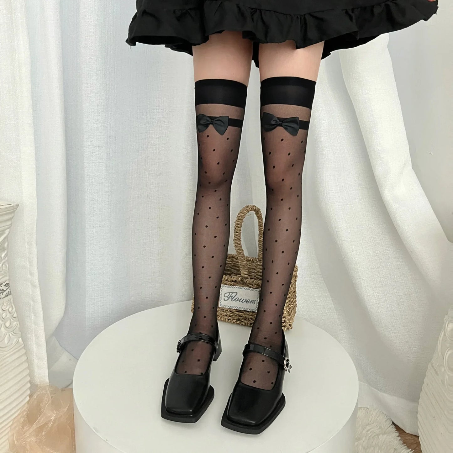 Black Silk Long Tube Socks with Small Polka Dot Bow Knot for Women Thin Summer Knee High Stockings Vintage JK Style over Knee.