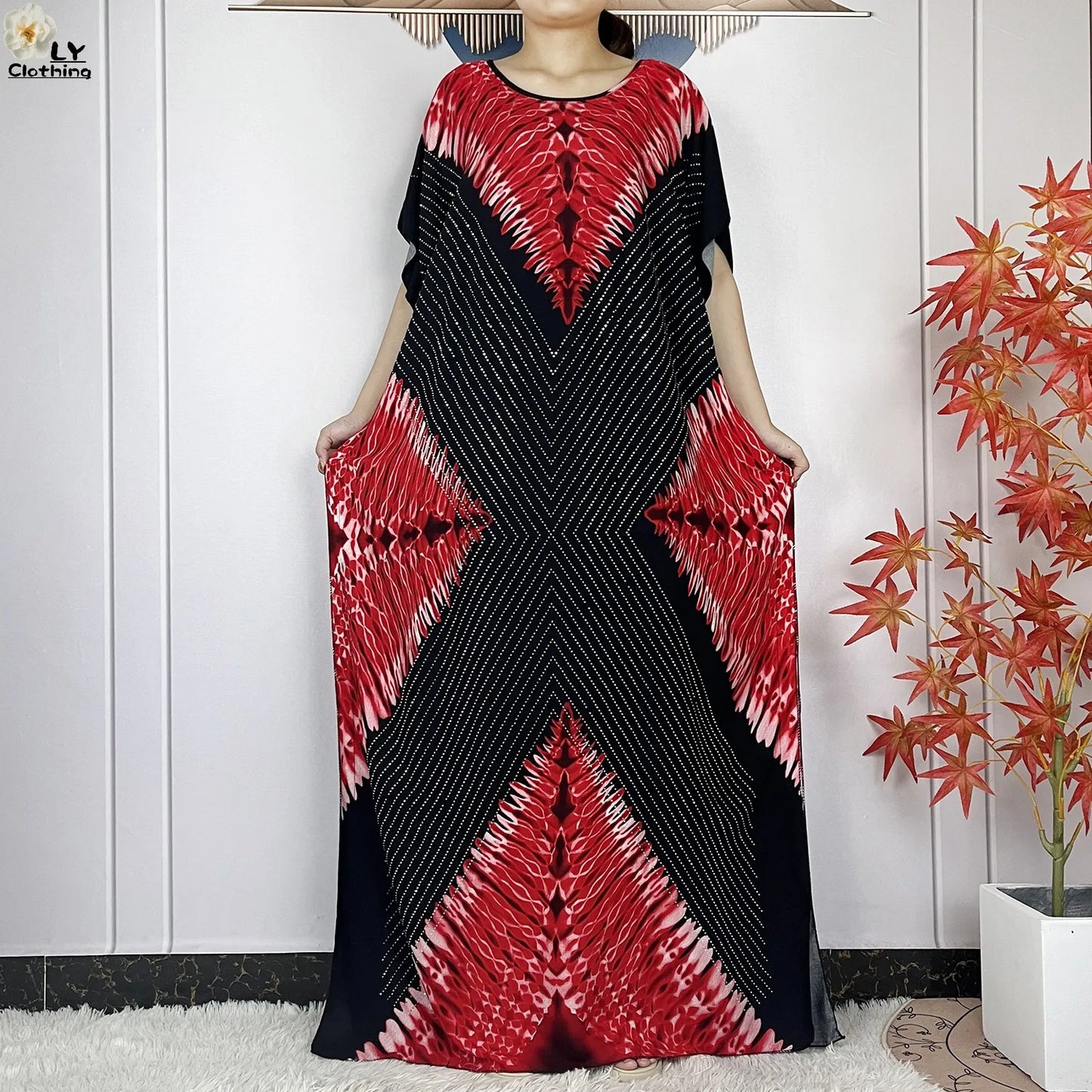 2024 New Muslim Women Dashiki Printed Dress Flower Diamonds Loose Dress With Big Scarf Islamic African Women Short Sleeve Abaya