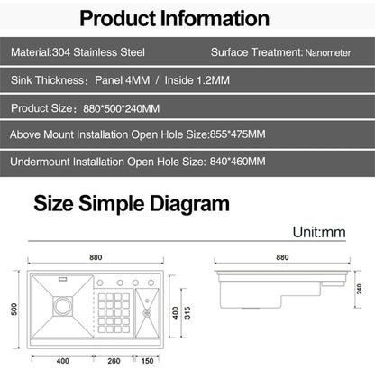 ASRAS Large Size Flip Cover Hidden Island Kitchen Sink 304 Stainless Steel 4mm Thickness Handmade Stepped Sink Cup Rinser Sinks