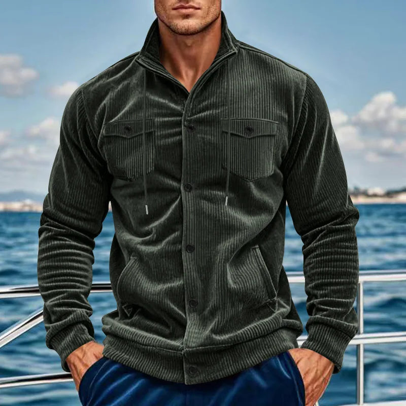 Men's Corduroy Jacket Stand-up Collar Slim Fit Retro Multi-pocket Workwear Commuter Coat for Spring And Autumn