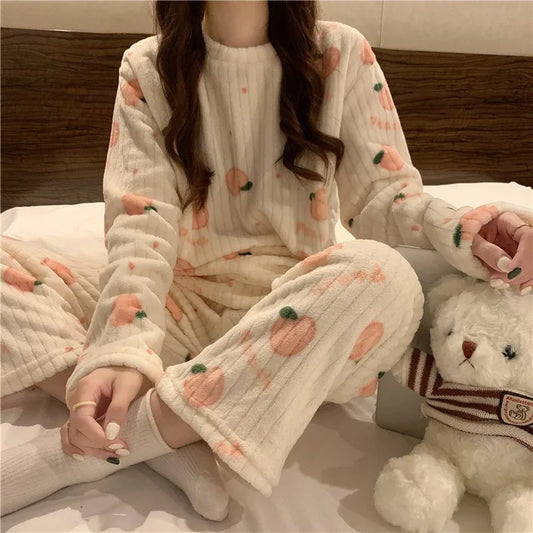 Winter-Damen-Pyjama-Homewear-Anzug, neues warmes Set aus Korallen-Fleece für Herbst und Winter, bequemer warmer Pyjama-Homewear-Anzug