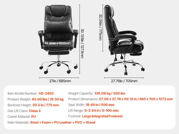 VEVOR Chefsessel Bürostuhl Drehstuhl mit hoher Rückenlehne & Fußstütze & Lendenkissen, ergonomischer Schreibtischstuhl mit 135° Neigung und einstellbarer Höhe, für Arbeit Arbeitszimmer Spielen