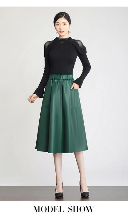S-5XL New Women Plus Size Leather Skirt Spring Autumn Fashion Stretch Waist A-Line Loose Long Skirt Split Leather Sheepskin
