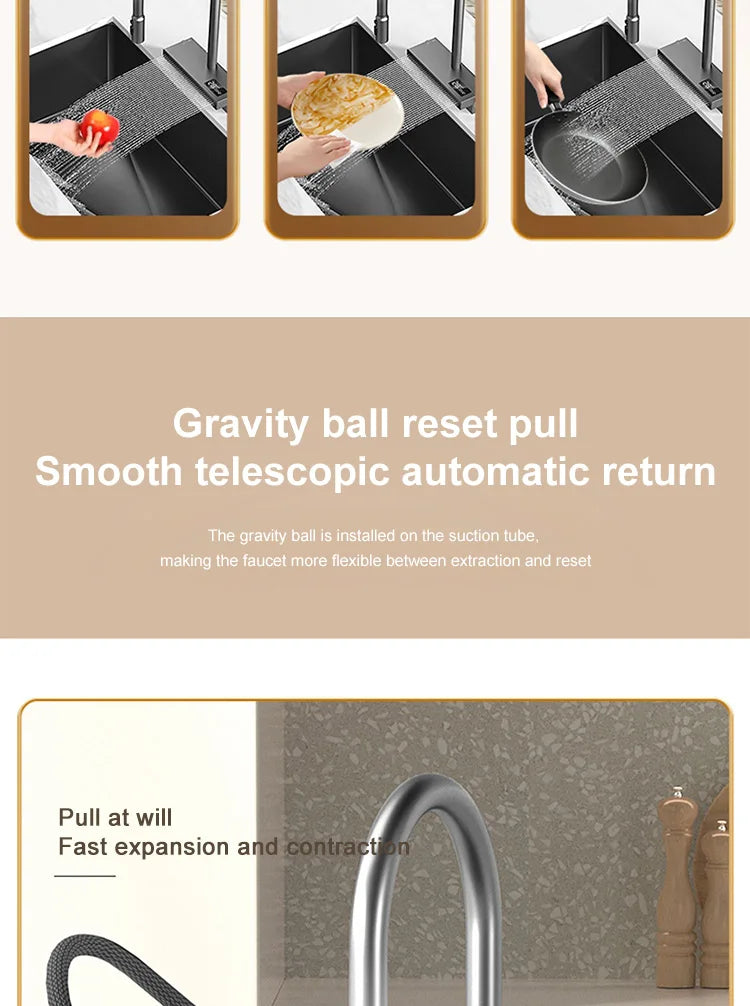 Black Stainless Steel Kitchen Sink Waterfall Sink dishwashing Basin Large Single Sink Household Sink Under The Counter Sink