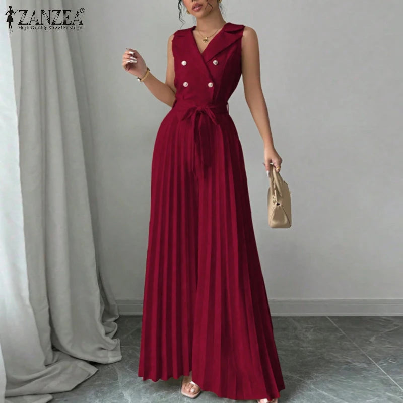 Fashion Women Jumpsuits 2025 ZANZEA Summer Rompers Elegant Wide Leg Work OL Overalls V Neck Sleeveless Pleated Playsuit Trousers.