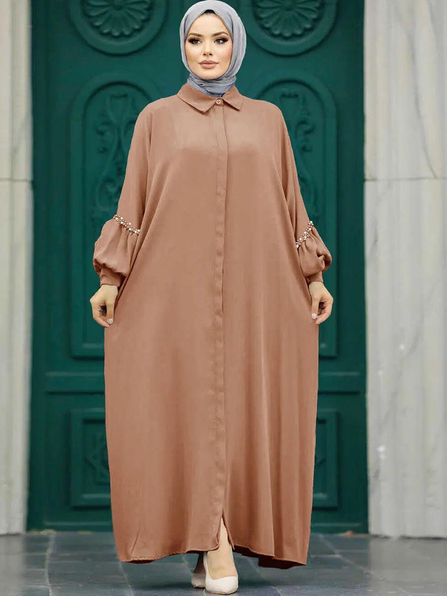 Siskakia Solid Muslim Woman Elegant Beaded Cardigan Long Dress With Loose Batwing Sleeve Moroccan Dubai Saudi Kebaya Robe  2024.