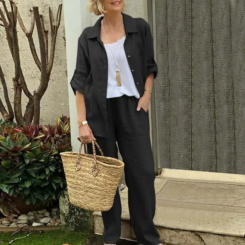 Elegant Solid Cotton Linen Shirt 2 Piece Set For Women Casual Outfits Autumn Long Sleeve Pocket Top Wide Leg Pants Suits Female.