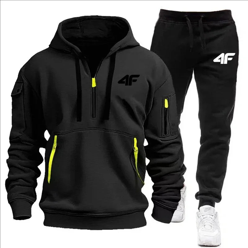 Autumn and winter casual jogging sportswear with zipper hood and multiple pockets, 2-piece set, large-sized S-3XL men's suit.