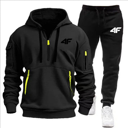 Autumn and winter casual jogging sportswear with zipper hood and multiple pockets, 2-piece set, large-sized S-3XL men's suit.