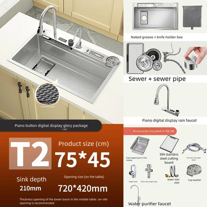 Kitchen Sink Stainless Steel Waterfall Wash Dish Vegetables Basin Multifunctional Smart Digital Display Screen Large Single Slot