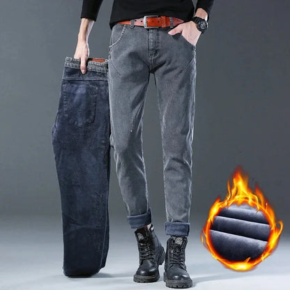 Winter Hot Sale Of The Season Trendy Stretchy Fleece Lined Thick Denim Mid Waist Fashionable Casual Warm Long Pants Men's Jeans