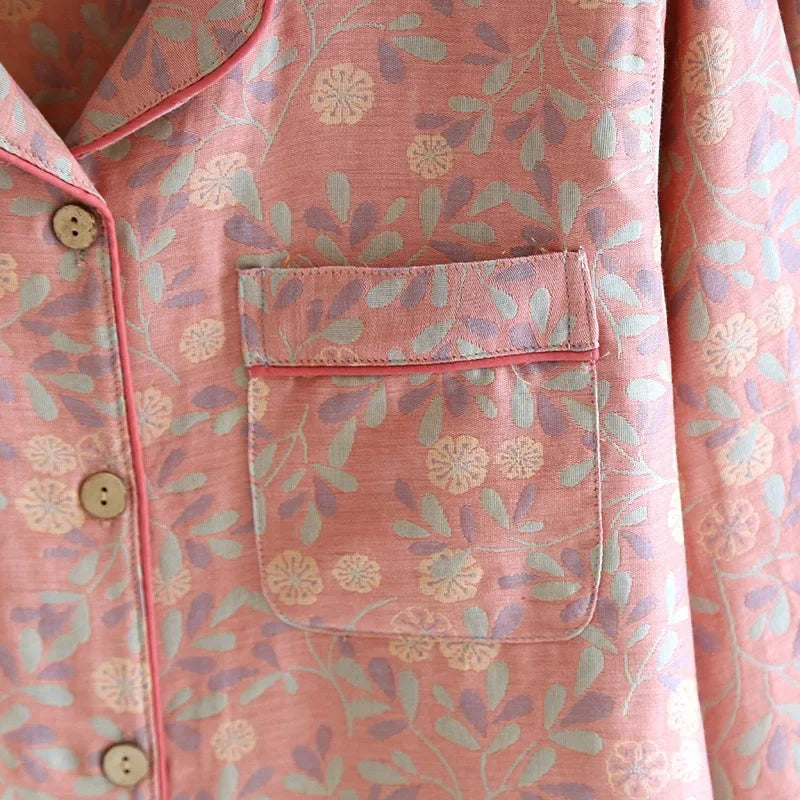 100% Cotton Crepe Homeclothes 2023 Autumn/Winter Women's Pajamas Suit Long-Sleeved Trousers 2-piece Yarn-Dyed Jacquard Pajamas