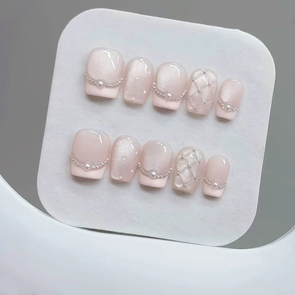 10pcs Handmade Press on Nails Plaid Pearl French Cat's Eye Aurora Fishtail Full Coverage Nail Tip for Women&Girl Removable Nail.