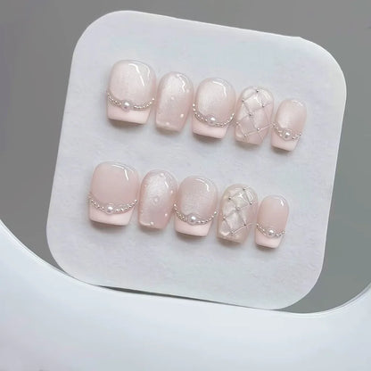 10pcs Handmade Press on Nails Plaid Pearl French Cat's Eye Aurora Fishtail Full Coverage Nail Tip for Women&Girl Removable Nail.