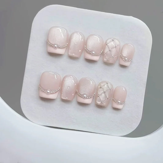 10pcs Handmade Press on Nails Plaid Pearl French Cat's Eye Aurora Fishtail Full Coverage Nail Tip for Women&Girl Removable Nail.