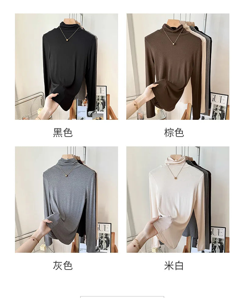Yuyue Women's High-necked High Strecth Bottoming Shirt Old Money Style Silk Pile Collar Base Top Contain Mulberry Silk and Wool.