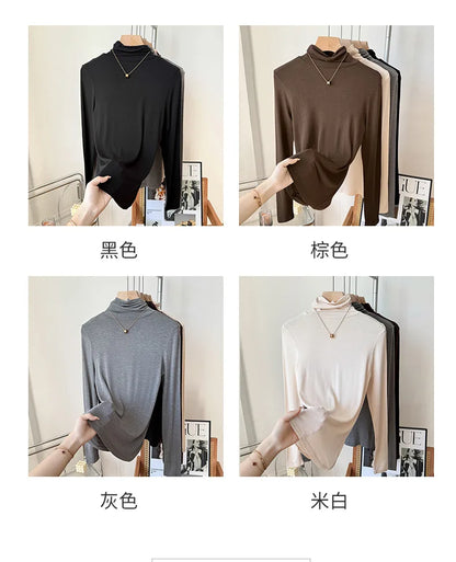 Yuyue Women's High-necked High Strecth Bottoming Shirt Old Money Style Silk Pile Collar Base Top Contain Mulberry Silk and Wool.