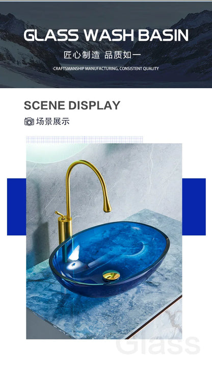 Farbiges, transparentes Badezimmerwaschbecken aus gehärtetem Glas, Hotel, modernes Aufsatzwaschbecken, Waschbecken mit Wasserfall-Wasserhahn, 49 x 35 x 13 cm