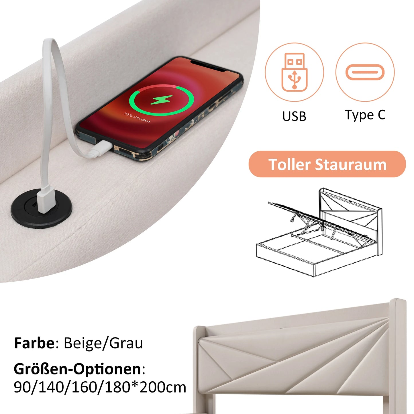 Polsterbett 90x200cm, Einzelbett mit USB Typ C Ladefunktion Kopfteil, Stauraumbett mit lattenrost, Leinen, Beige, Ohne Matratze