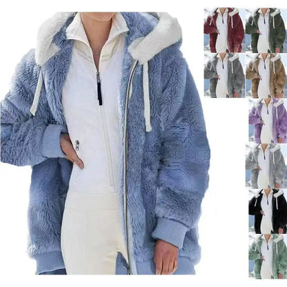 Women Winter Warm Faux Fur Jacket Plush Coat New Casual Hooded Fashion Zipper Soft Fleece Cashmere Jackets Female Thick Clothing.