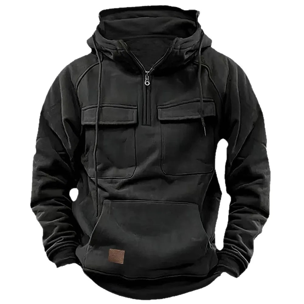 2025 New Autumn Winter Men's Hooded Solid-color Casual Hoodie Fashionable Young Man's Multi-Pocket Patch Hoodie Pullover Shirt.