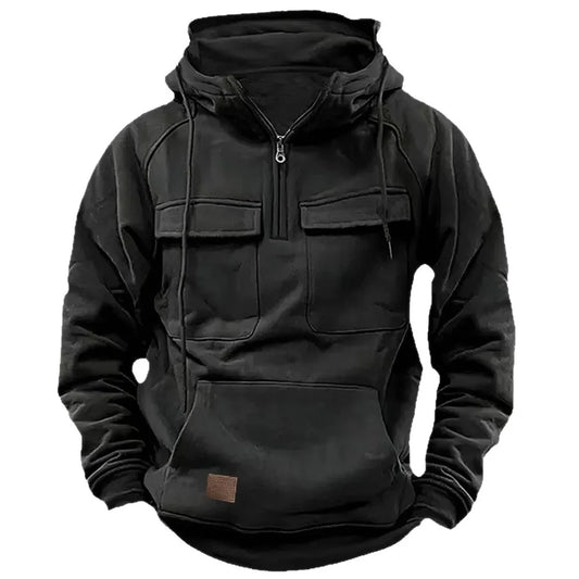2025 New Autumn Winter Men's Hooded Solid-color Casual Hoodie Fashionable Young Man's Multi-Pocket Patch Hoodie Pullover Shirt.