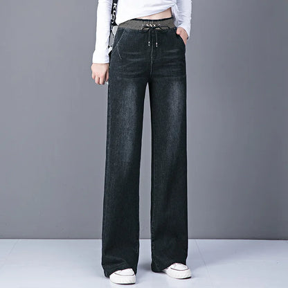Women Elastic High Waist Straight Jeans Winter Warm Thicken Baggy Velvet Lined Wide Leg Denim Pants Korean Casual Vaqueros New.