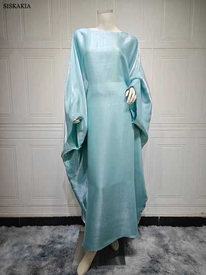 Siskakia Muslim 2024 New Eid Dresses Solid Shiny Satin Batwing Sleeve Modest Kebaya Turkish African Women Abayas Saudi Clothing.