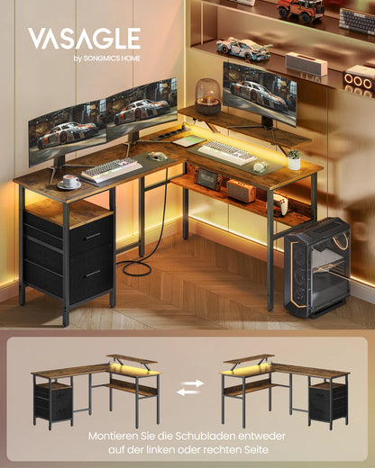 VASAGLE L-förmiger Schreibtisch mit Steckdosen, Eckschreibtisch, Computertisch, Monitorständer, Gaming-Tisch, LED-Beleuchtung