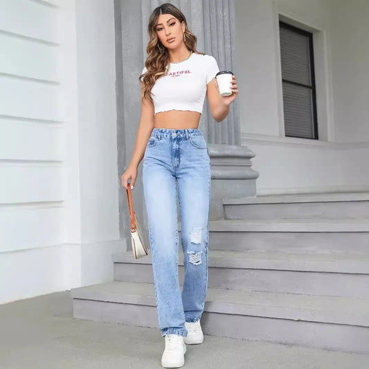 Loose High Waist Casual Hole Straight Leg Jeans Long Pants Wide Leg Trousers Comfortable Fit Female Denim Jeans.
