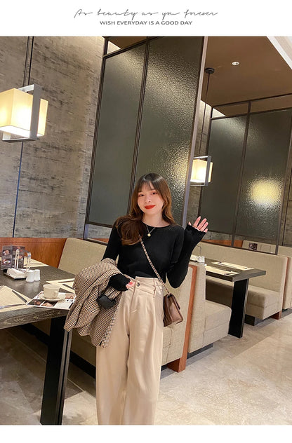 2025Oansatz Rippen Langarm Koreanische Dünne Weibliche Pullover Frauen Pullover Stricken Weiche Jumper Tops Geraffte Herbst Winter Tops