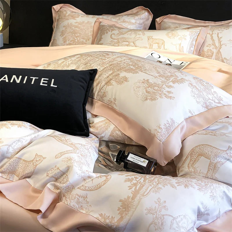 Soft Silky Skin Friendl natural Eucalyptus Fiber Lyocell Bedding Set Forest Plants Leopard Duvet Cover Set Bed Sheet Pillowcases.