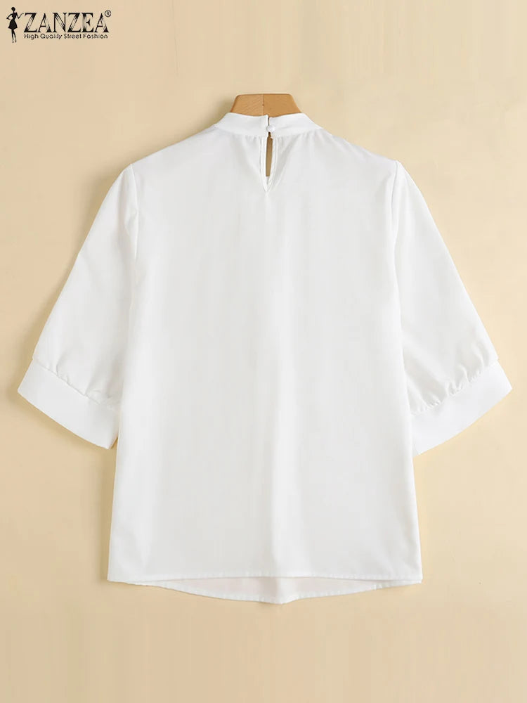 ZANZEA Fashion Stand Collar Blouse Woman 3/4 Sleeve Solid Color Tunic Tops Female Casual Loose Shirt Elegant Party Blusas Mujer.