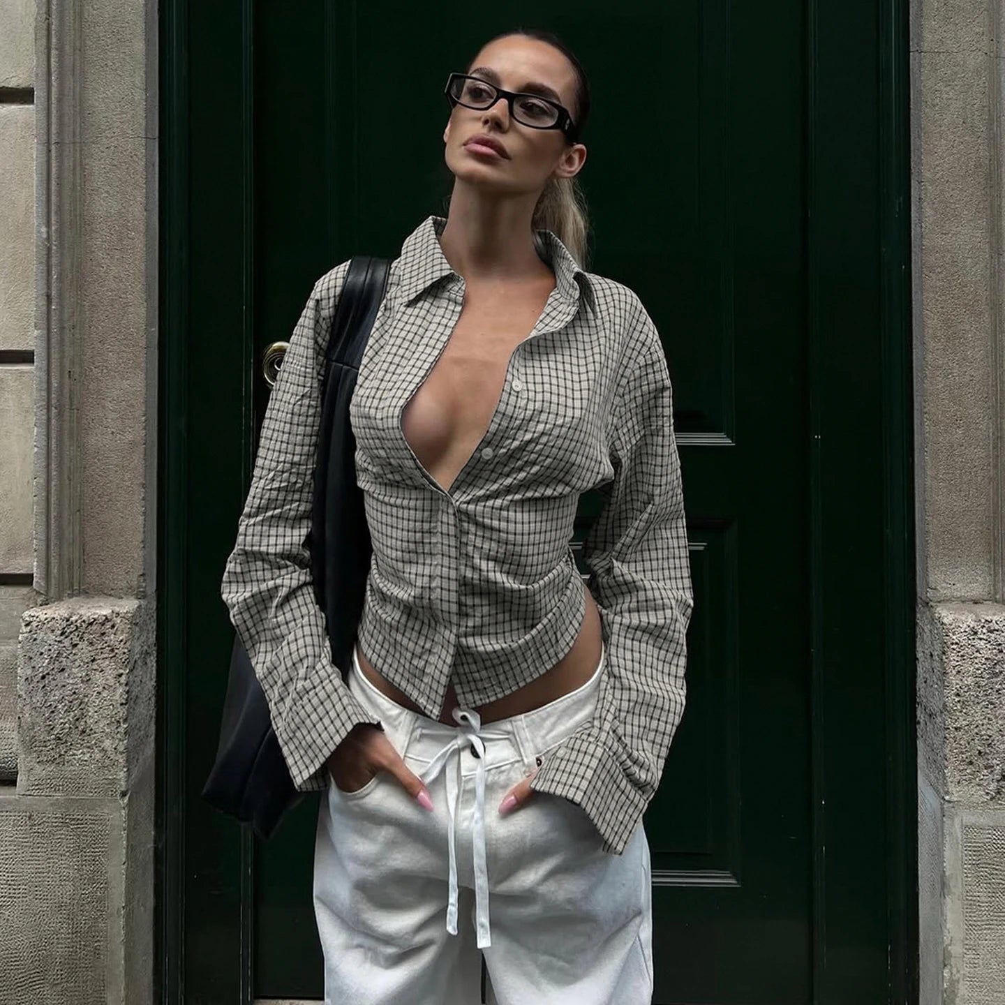 2025 Autumn Winter Women Vintage Long Sleeve Checkered Shirt Design Crop Blouse Y2k 2000s Top Stylish High Street Gyaru Coquette.