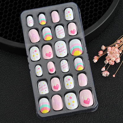 24Pcs/box Kids nails for Girl Cartoon Pattern False Nail Cute Child Fake Nails Tips Kawaii Acrylic Artificial Press on Nail+Tool