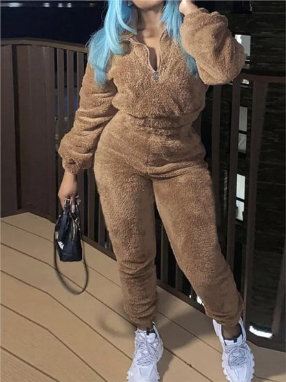 Mode Lässig Einfarbig Plüsch frauen Anzug Herbst Winter Neue Ultra Kurze Jacke Schlank Warme Sport Hosen Mädchen 2-teiliges Set