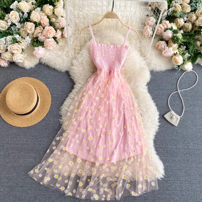 Frauen Kleid 2023 Neue Sommer Mode Fee Mesh Party Kleid Koreanische Pop Floral Print Urlaub Strand Kleid Streetwear Sommerkleid.