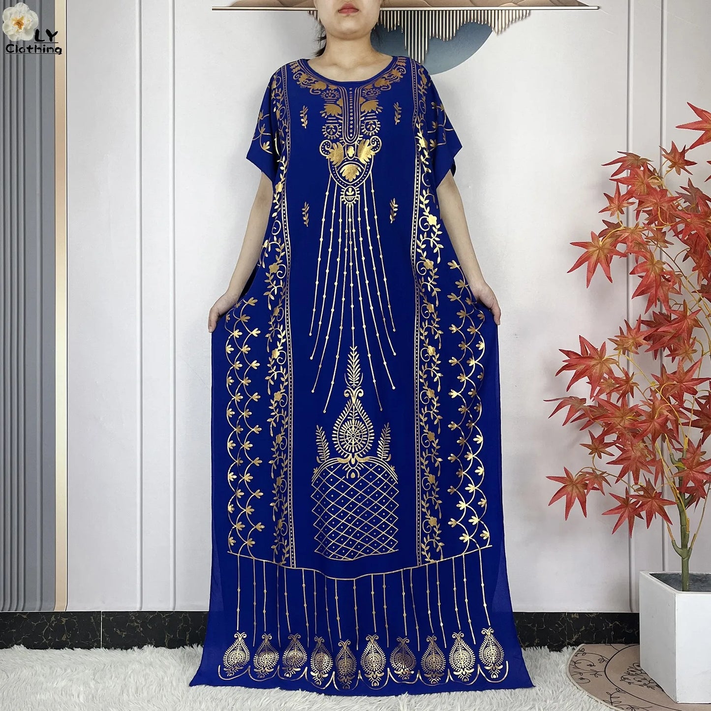 2023 New Muslim Summer Short Sleeve Robe Gold Stamping Boubou Maxi Women Femme Loose Dress With Big Scarf African Abaya Clothes.