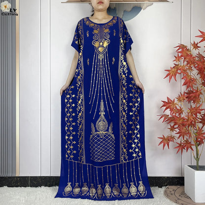 2023 New Muslim Summer Short Sleeve Robe Gold Stamping Boubou Maxi Women Femme Loose Dress With Big Scarf African Abaya Clothes.