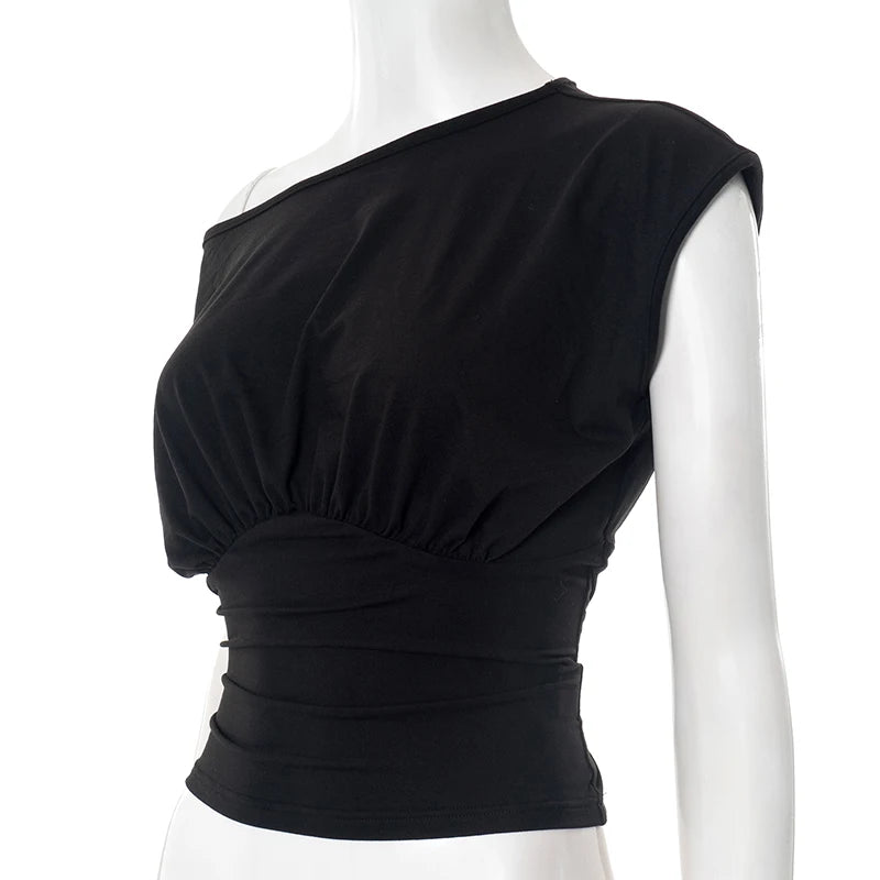 CUTENOVA Solid Color One Shoulder Slant Neck Waist Shrinking Pleated Tank Top Women'S Summer New Casual Simple Fashion Tank Top.