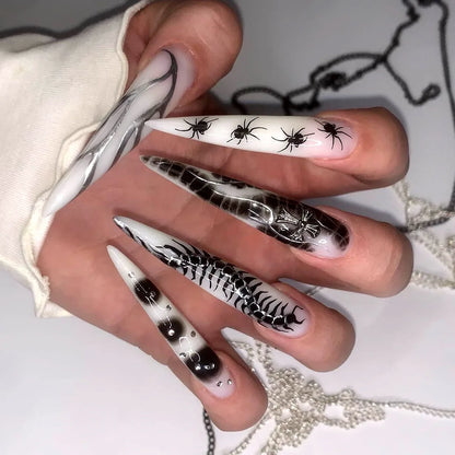 24pcs Sliver Spider Design Fake Nail Halloween Gothic Punk False Nail Tips Wearable European Heavy Metal Almond Press on Nails.