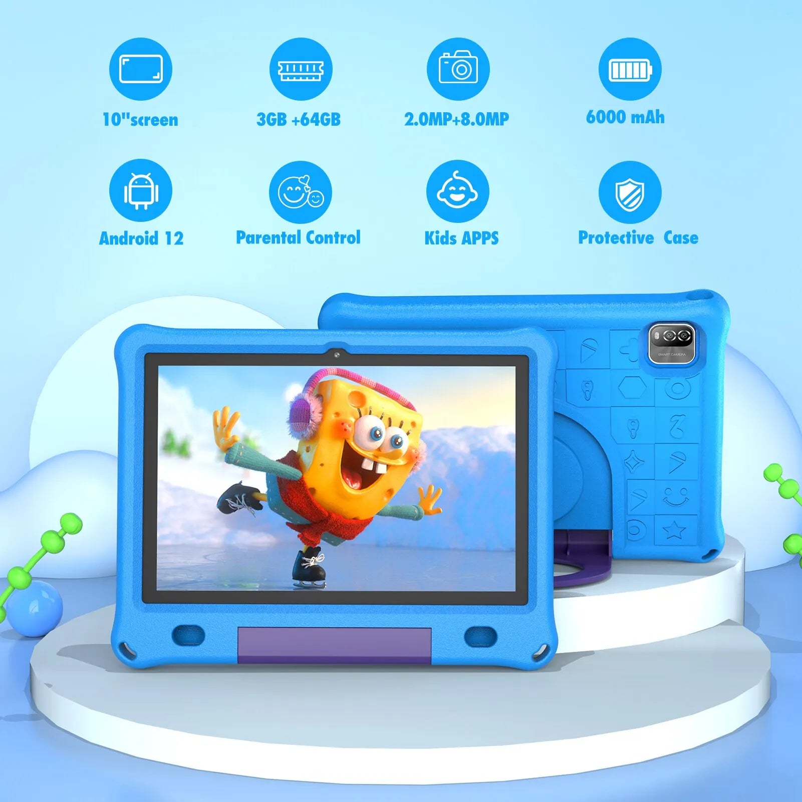 Pritom 10.1 Inch Kids Tablet Android 12 WIFI 6 Quad Core Processor 3GB RAM 64GB ROM YouTube with EVA Protective Case.