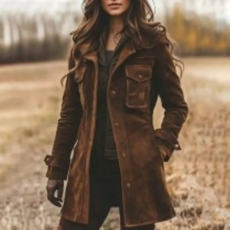 2025 Womens Vintage Suede Lapel Collar Mid Length Coat Jacket Classic Retro Trench Style Autumn Winter Warm Fashion Outerwear.